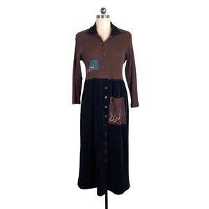 vintage 90s artsy waffle knit velour shirt dress XS/S long boho earthy maxi vtg